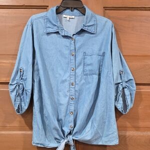 Casual Denim Button-Up Blouse with Tie Front